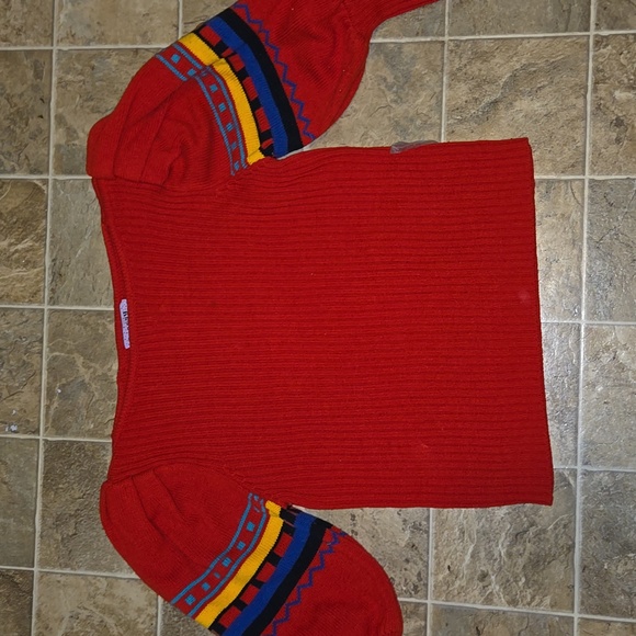 Vintage Red Sweater with Colorful Striped Bishop Sleeves Size M - Picture 3 of 6